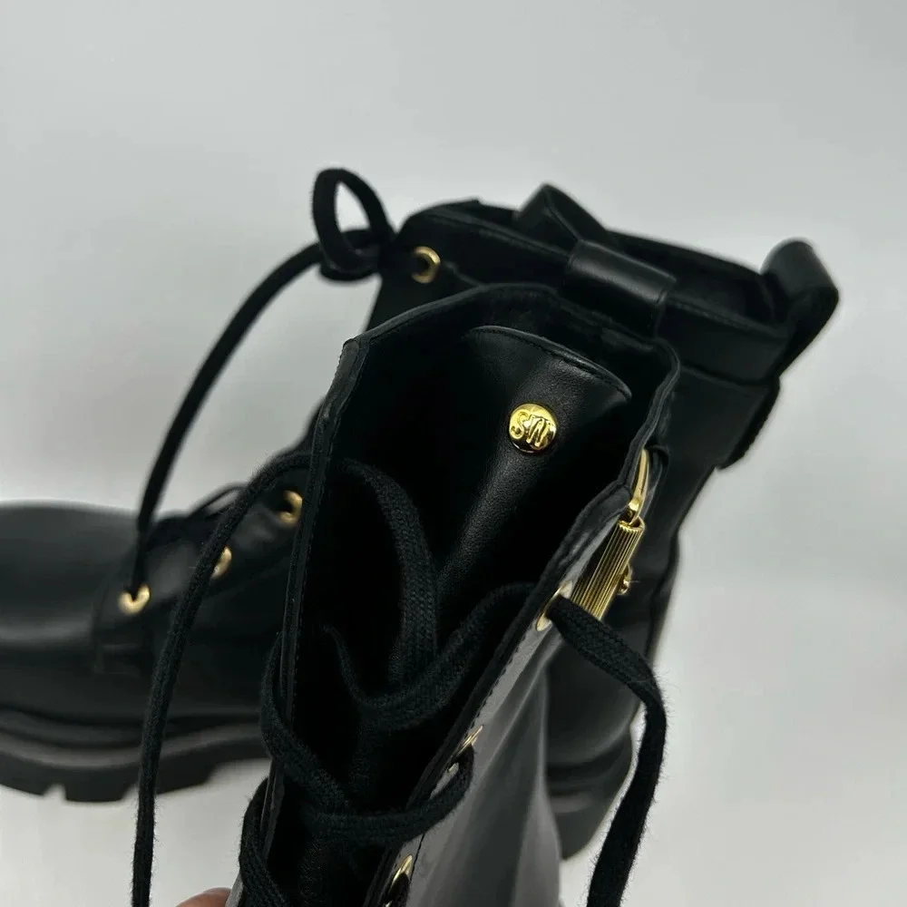 Stuart Weitzman Ultra Lug Black Combat boots Gold Buckles  size 10.5  new